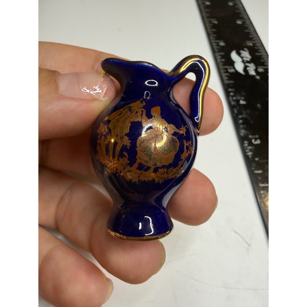 Miniature Cobalt Blue Porcelain Pitcher Gold Courting Couple Fragonard Style 2"